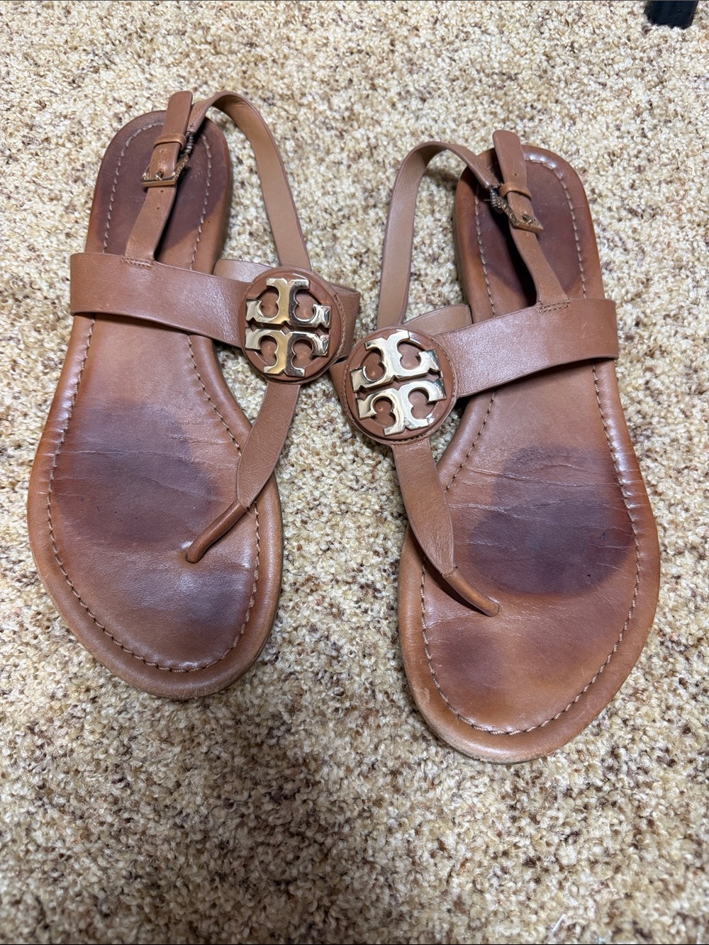 Tory Burch Brown Leather Logo Thong Sandals with Gold Emblem